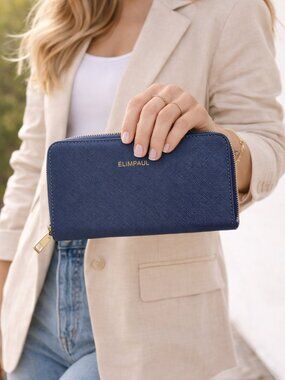 ElimPaul Navy Blue Zip Around Wallet Organizer | Women’s